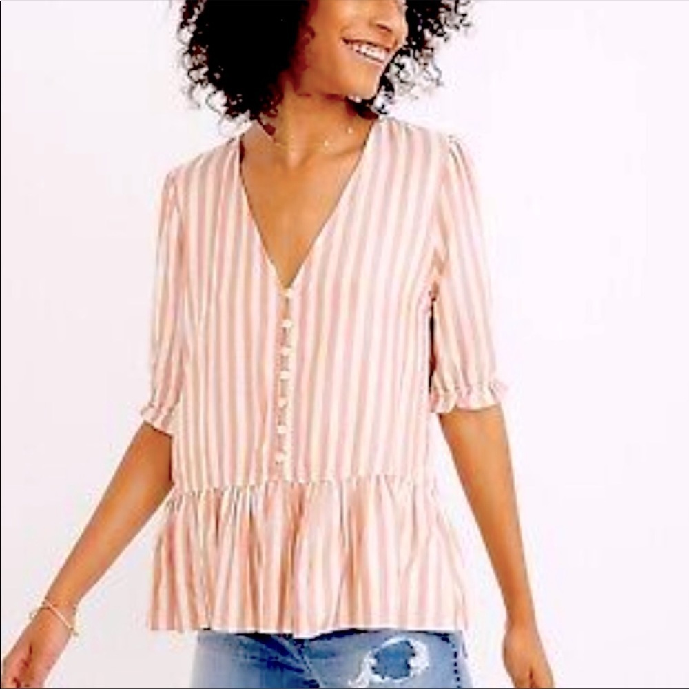 Madewell Women’s V-Neck Top Peplum Popover In Stripe In Dried Coral Color SZ XXS